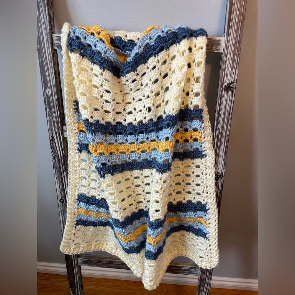 Handmade Baby Blanket - Blue and Yellow Stripe